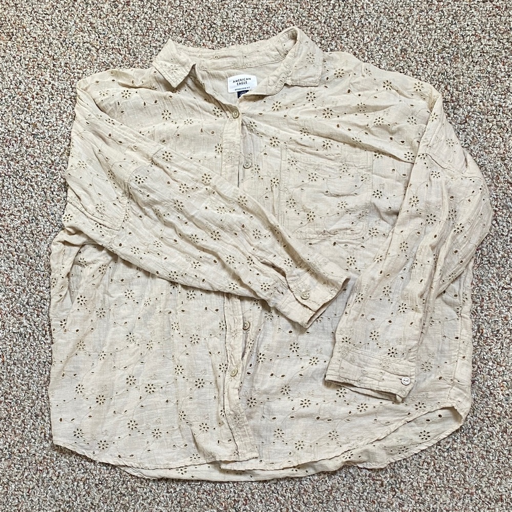American Eagle Women’s Casual Oversized Embroidered Eyelet Button Down